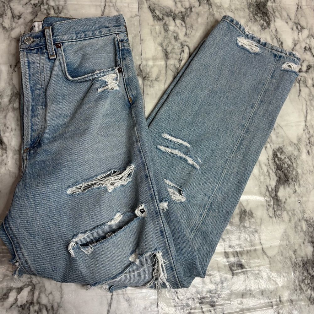Agolde 90's Mid Rise Loose Fit Destroyed Jeans butt rip Distressed 25 button fly